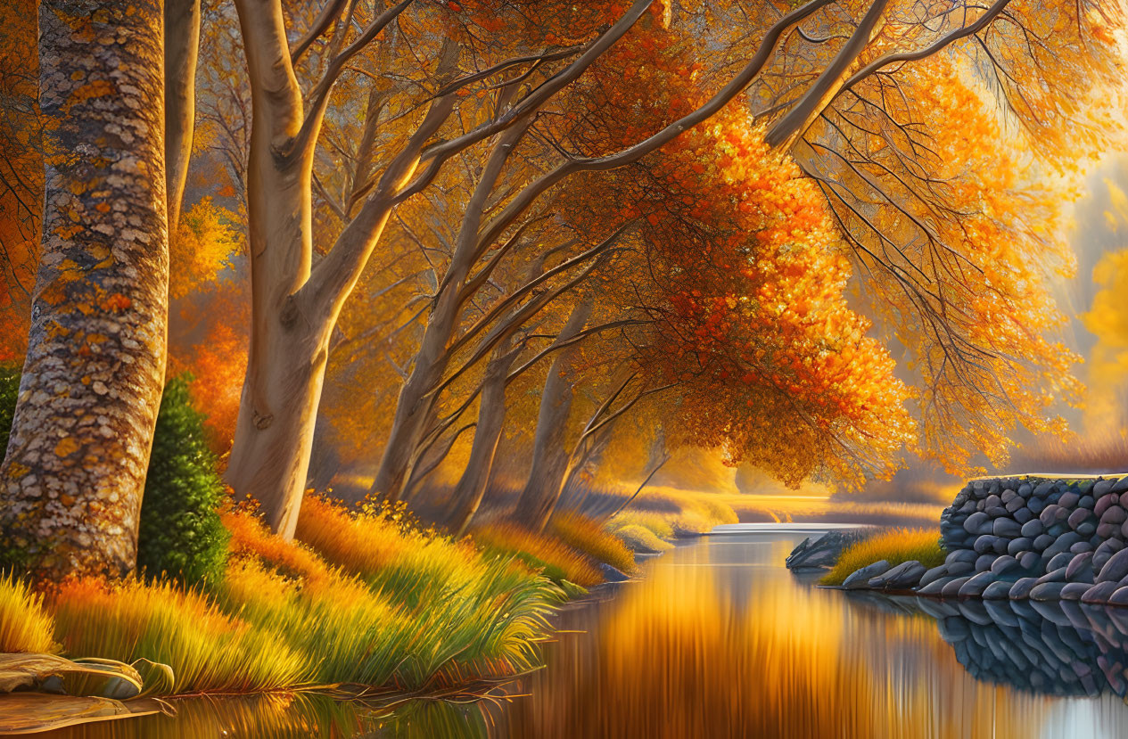 Tranquil Autumn Landscape with River, Trees, and Stone Wall