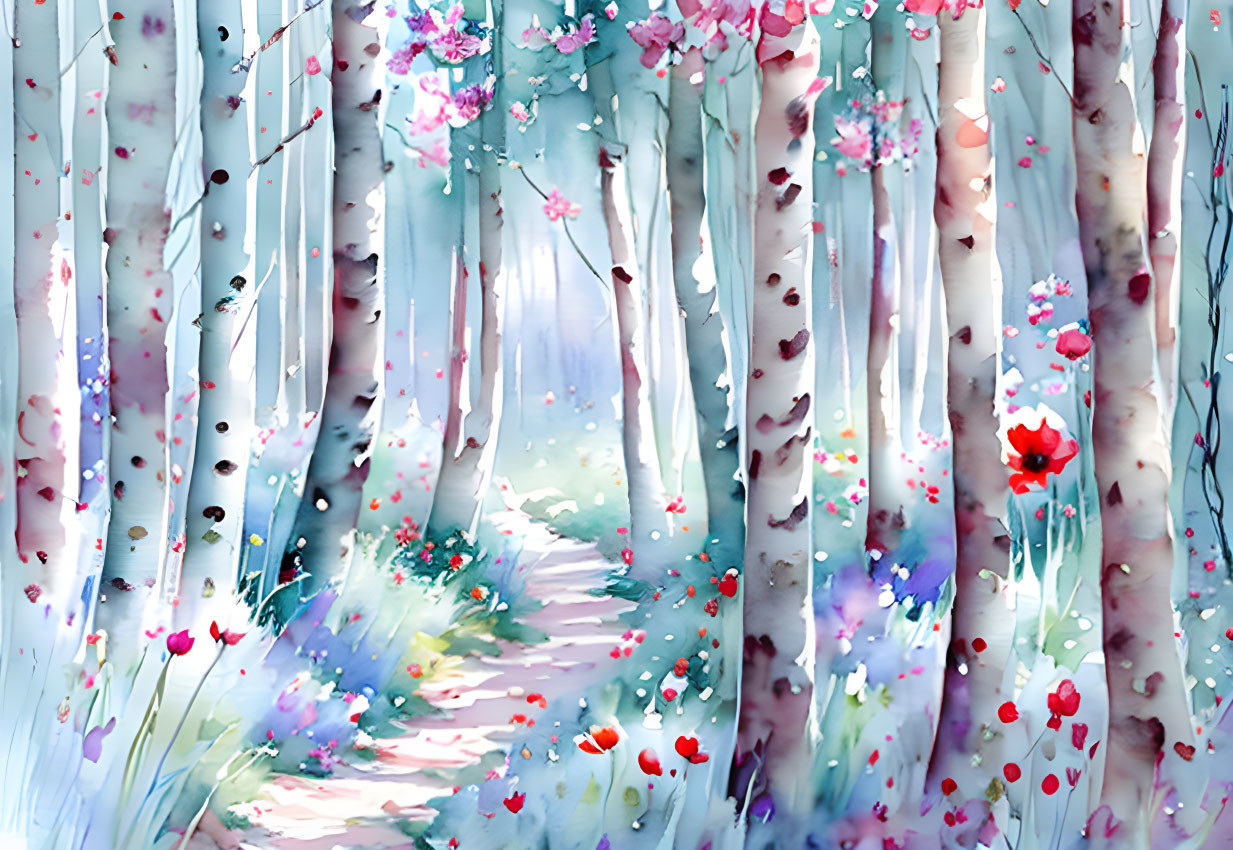 Vibrant forest path watercolor painting with slender trees and colorful blossoms