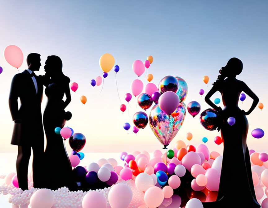Silhouette of couples with vibrant balloons at sunset