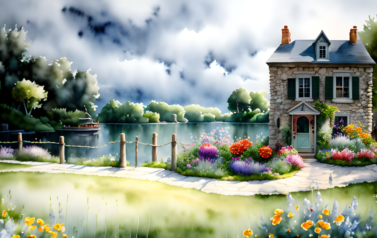 Stone cottage with colorful garden by serene lake & boat under fluffy sky