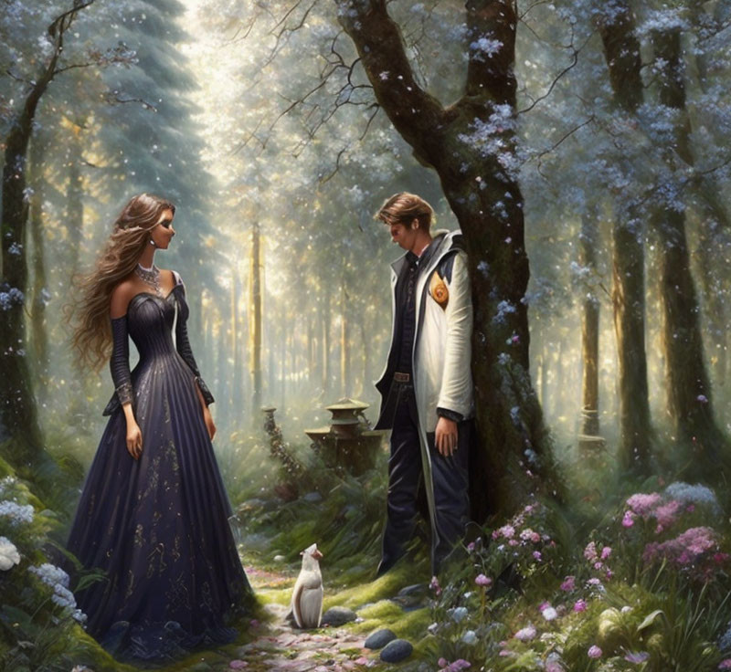 Man and woman in elegant attire in magical forest with white cat - serene scene