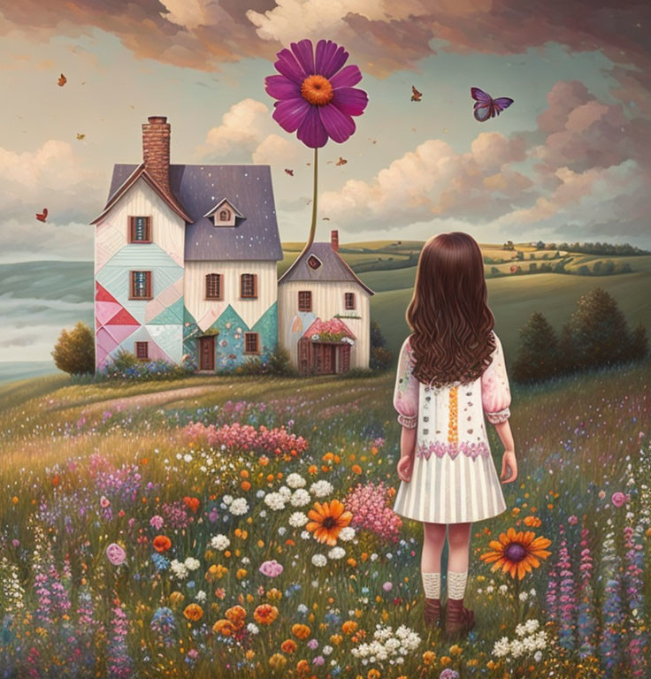 Girl in White Dress Observing Whimsical Cottage and Nature Scene