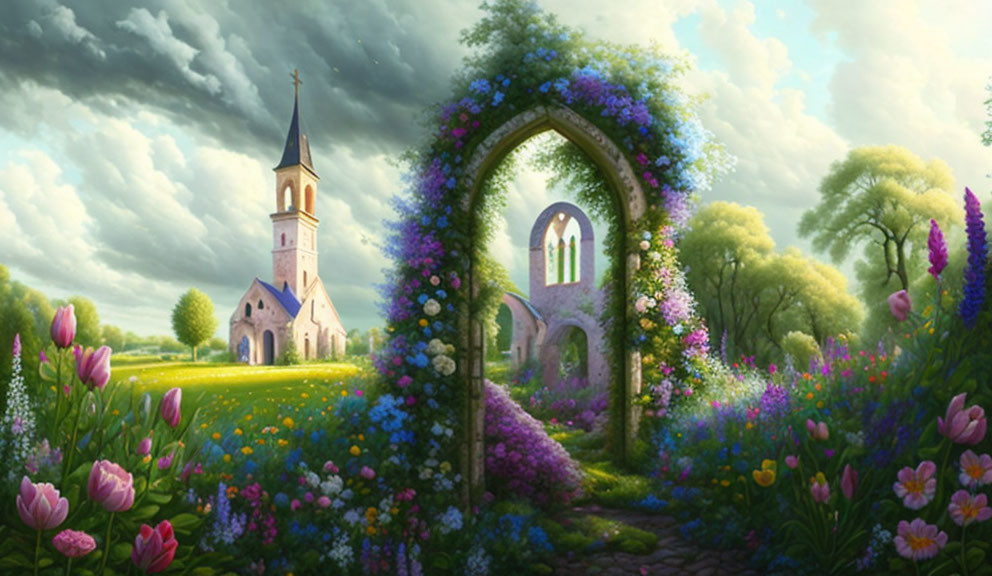 Idyllic landscape with church in lush field and vibrant flowers