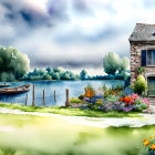 Stone cottage with colorful garden by serene lake & boat under fluffy sky
