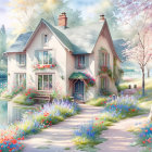 Scenic cottage by a lake with pink blossoms on a sunny day