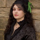 Portrait of Elegant Woman with Long Wavy Hair and Dramatic Makeup in Black Hat and Dark Blouse