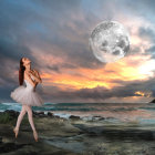 Young girl in cape and hat gazes at moon on beach rock at twilight.