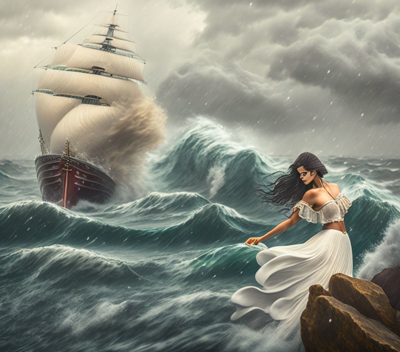 Woman in white with dark hair sitting on rock amidst stormy sea waves.