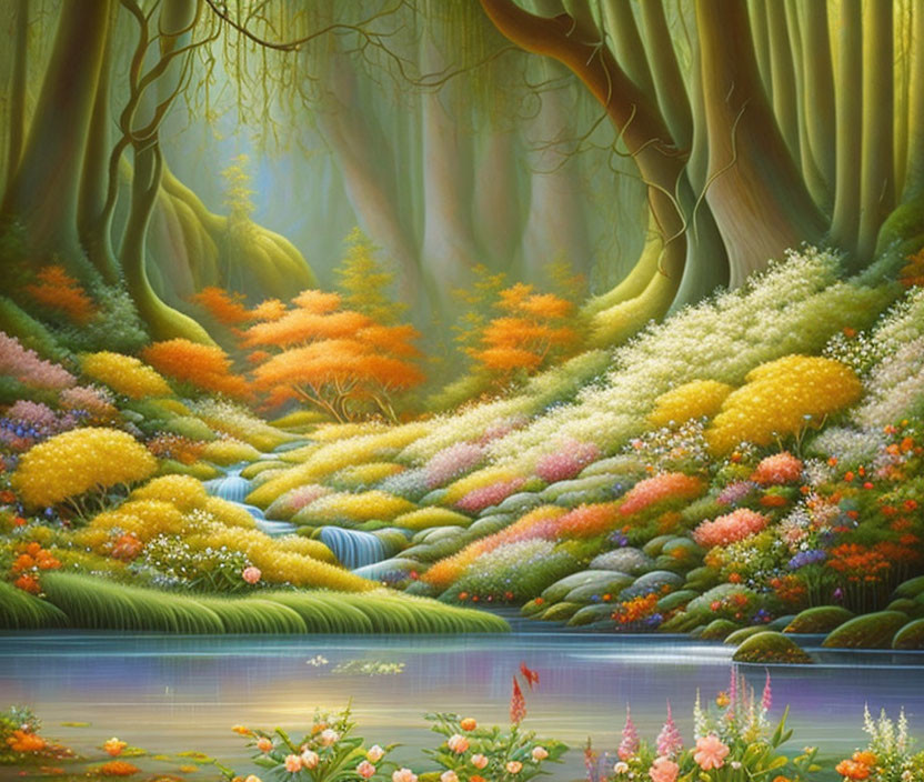 Colorful fantasy forest with sparkling stream and mystical trees