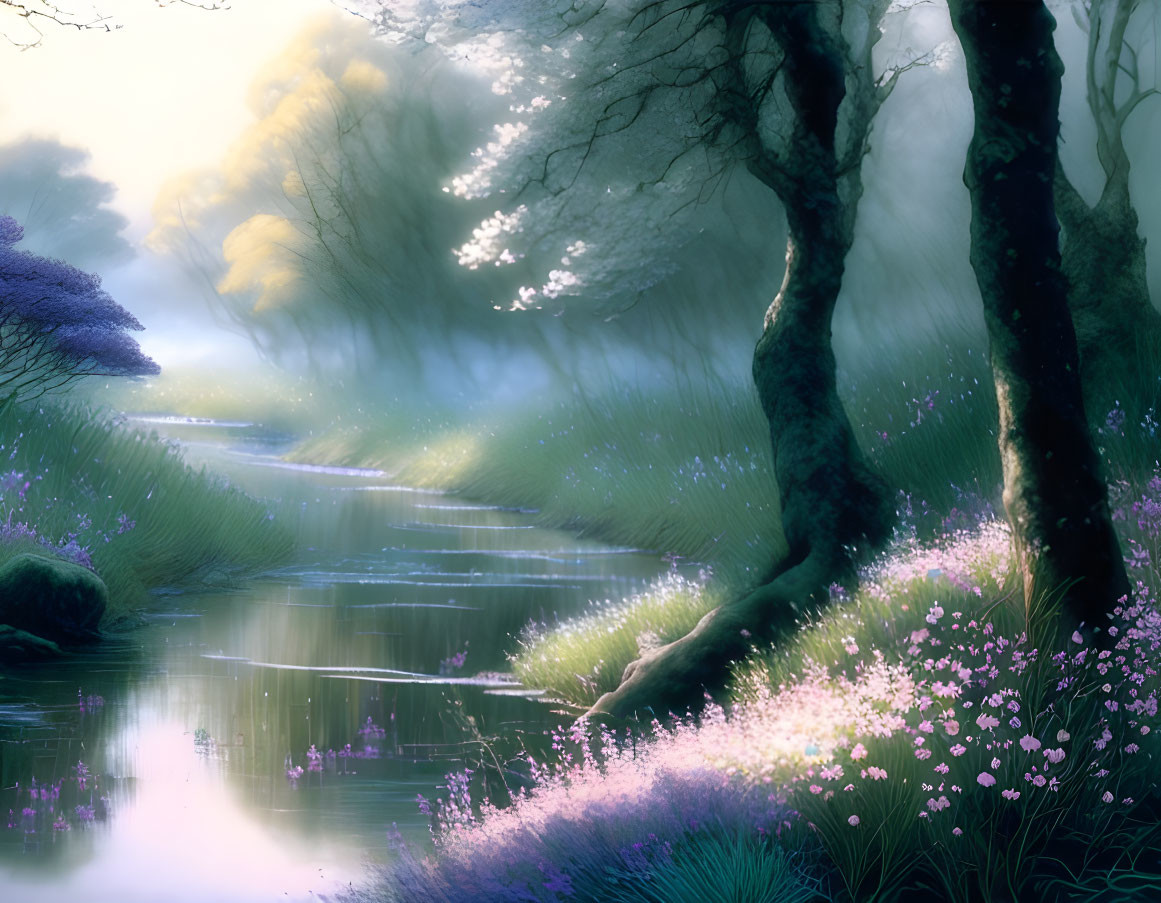 Tranquil landscape with stream, flowers, and trees