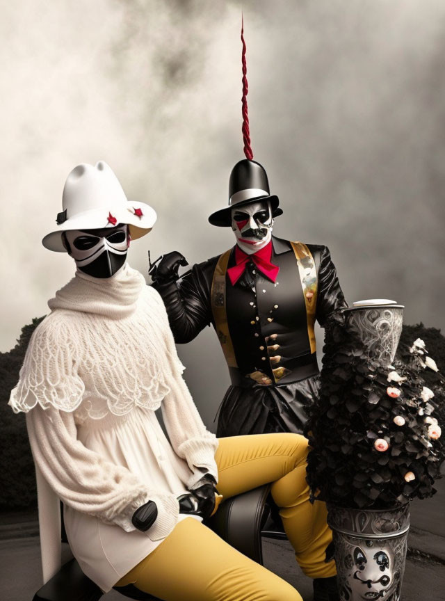 Two individuals in theatrical outfits with smoke backdrop.