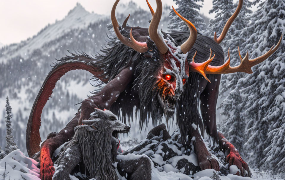 Majestic creature with glowing eyes, horns, and fur in snowy landscape