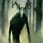 Mystical creature with glowing green eyes and red antlers in eerie woods
