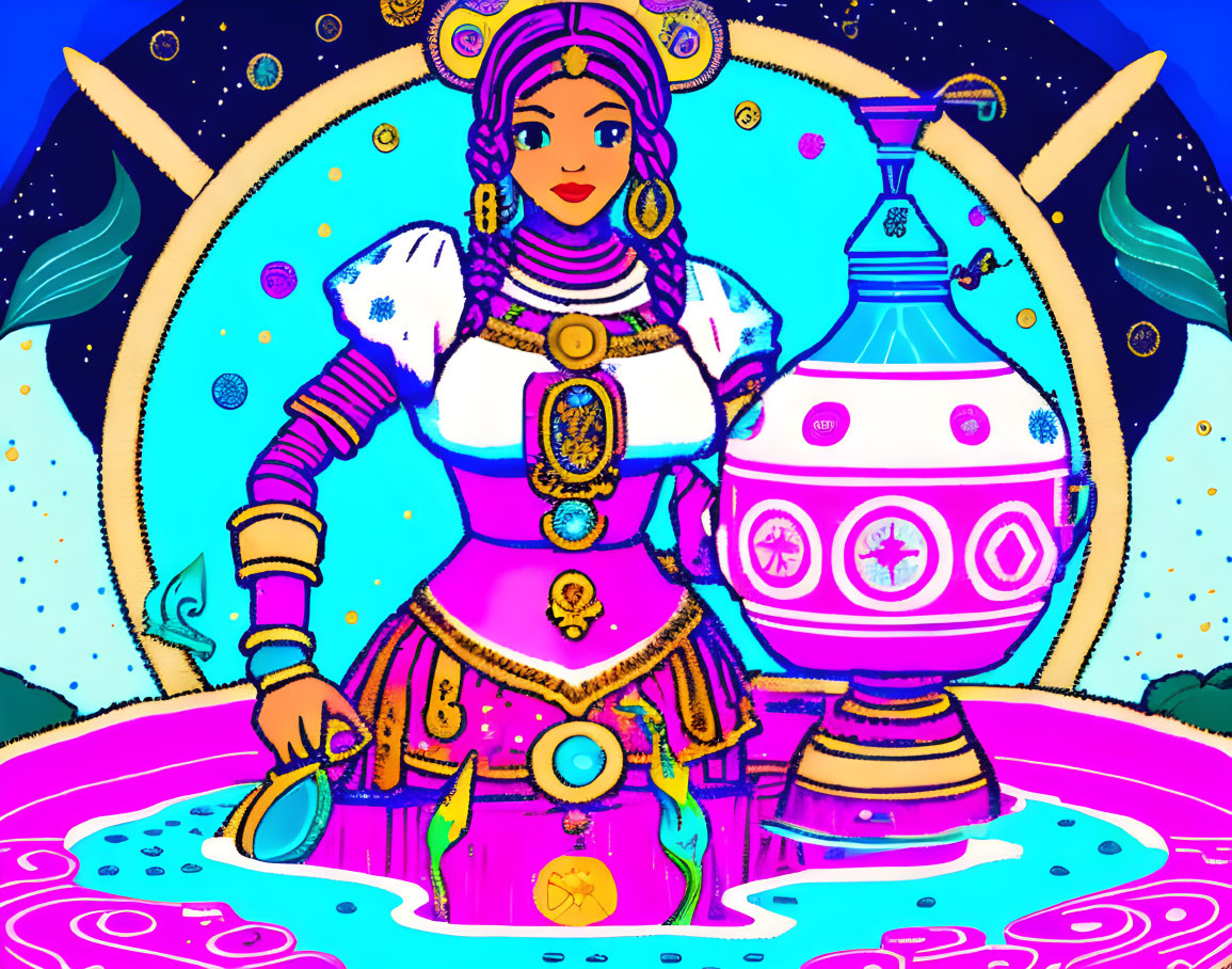 Fantasy woman illustration with potion and magical vessel