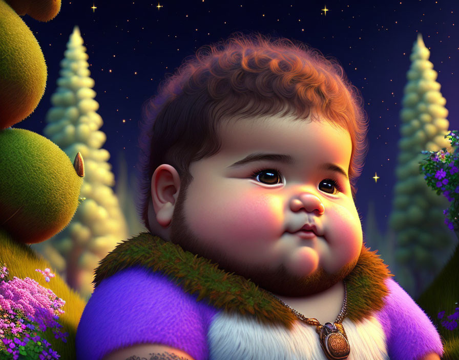 Chubby Baby in Purple and Green Outfit with Teddy Bears and Starry Night Background
