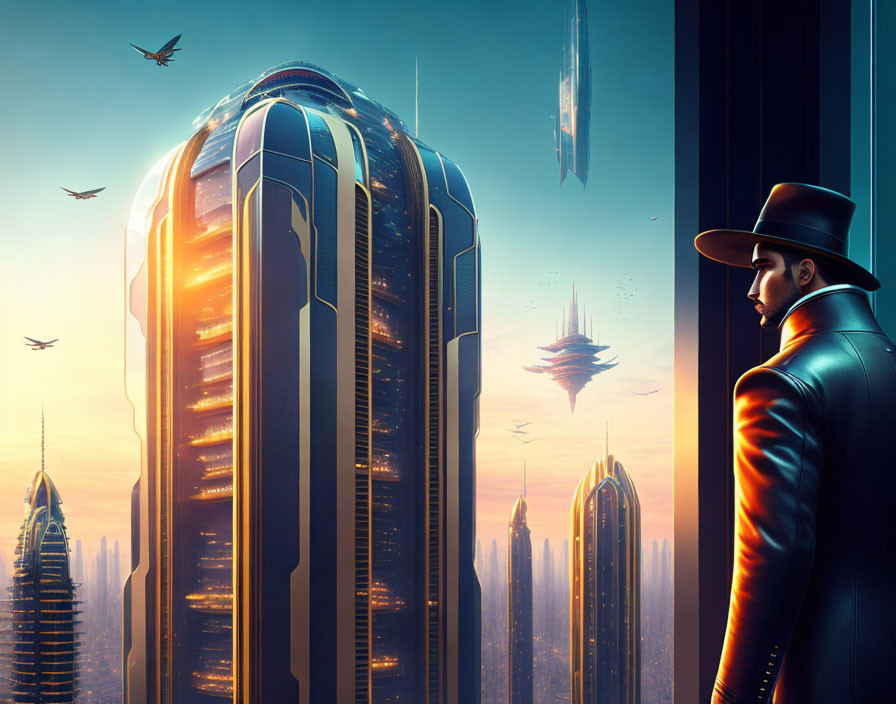 Man in fedora gazes at futuristic cityscape with skyscrapers and flying vehicles