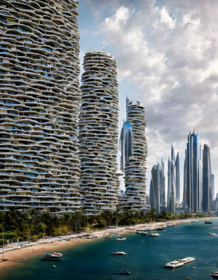 Unique modern skyscrapers by beach with palm trees and boats under cloudy sky
