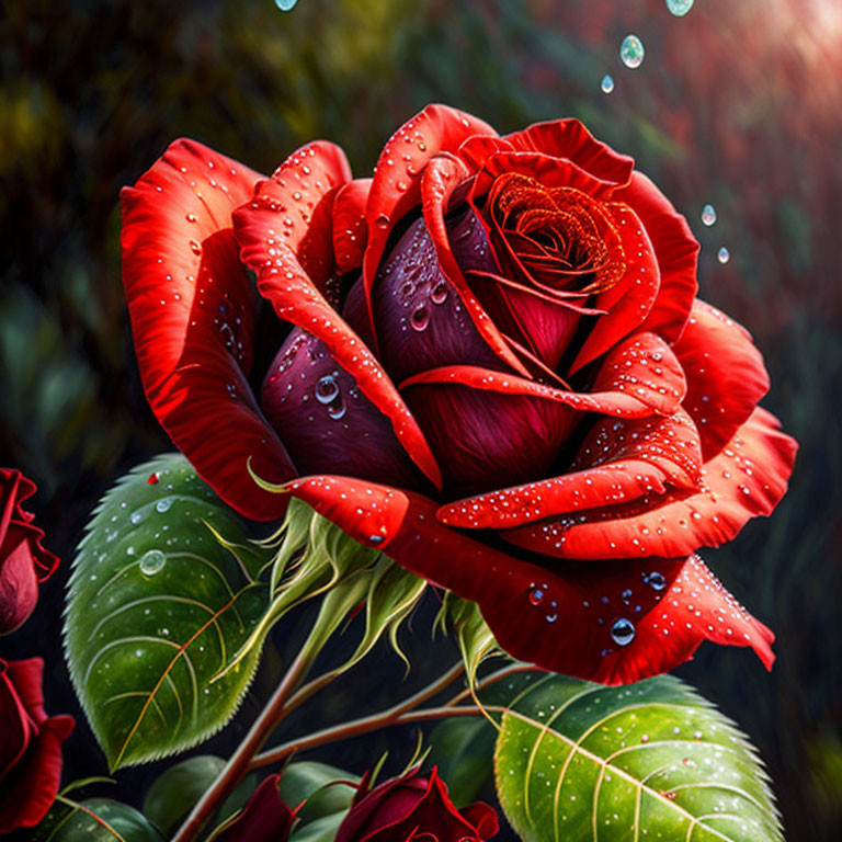 Vivid red rose with dew drops on blurred green background