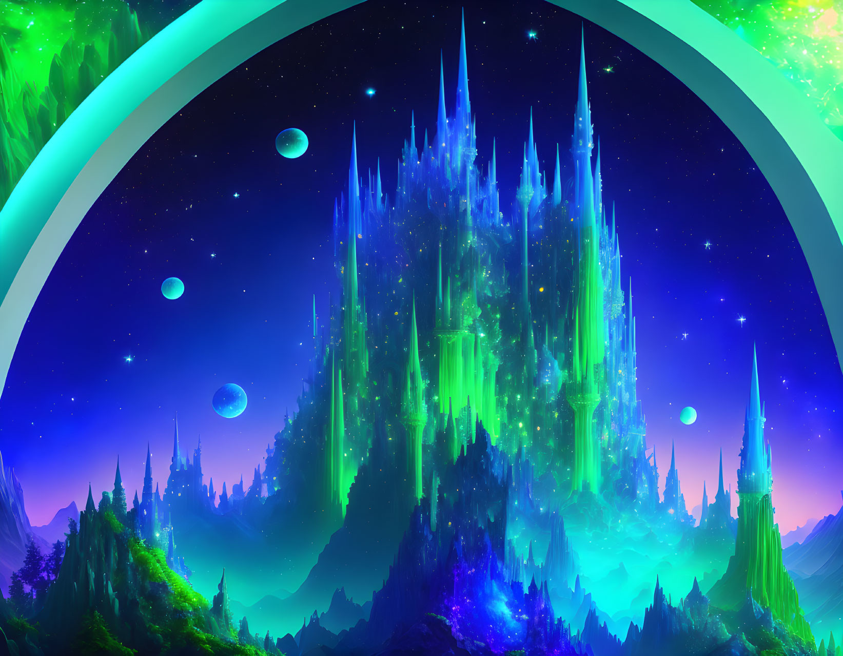 Glowing neon crystal city in cosmic landscape