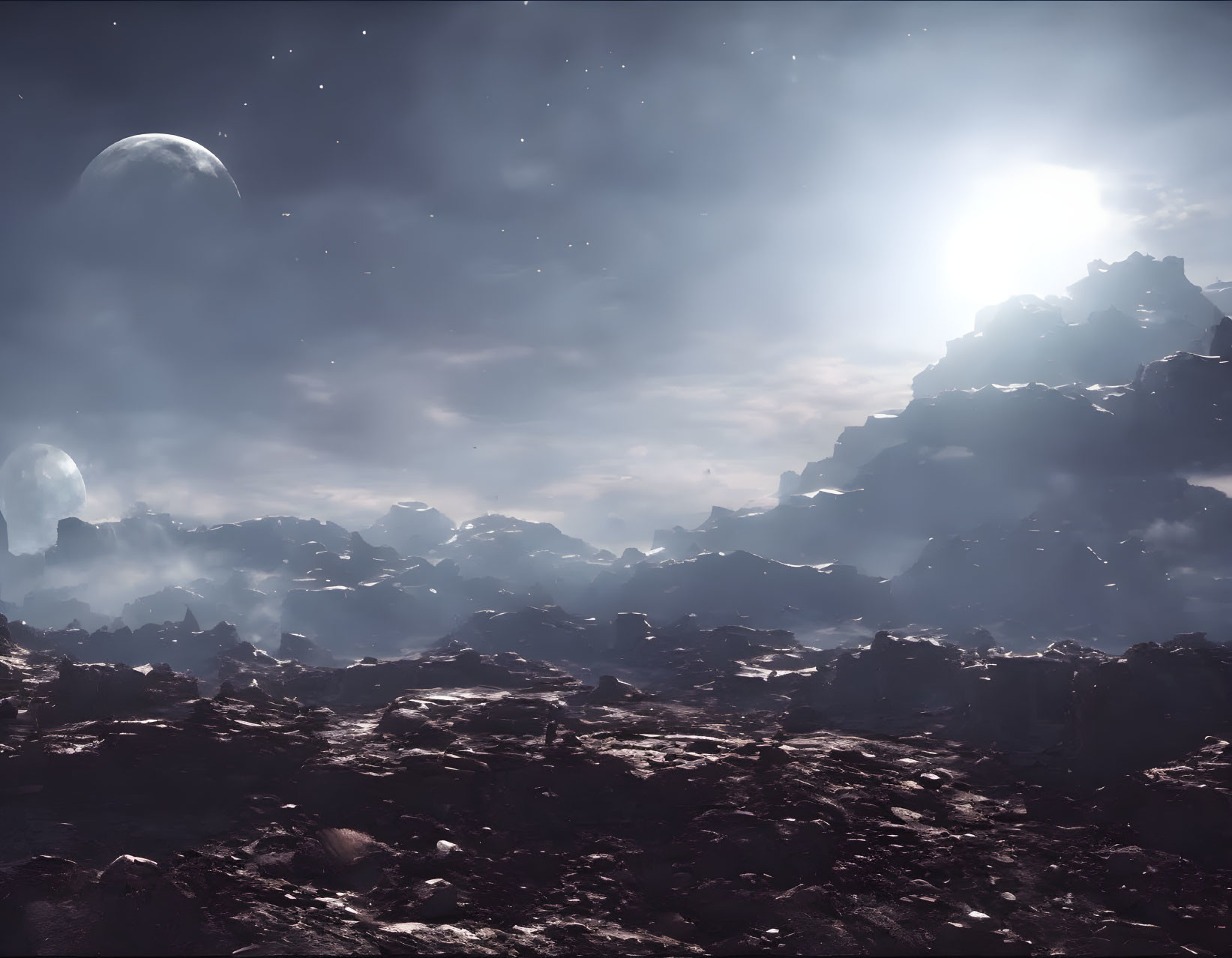 Alien landscape with rocky terrain, starry sky, sunlight, and dual moons.