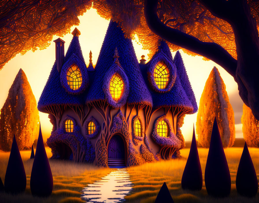 Whimsical fairy-tale cottage in golden sunset scenery