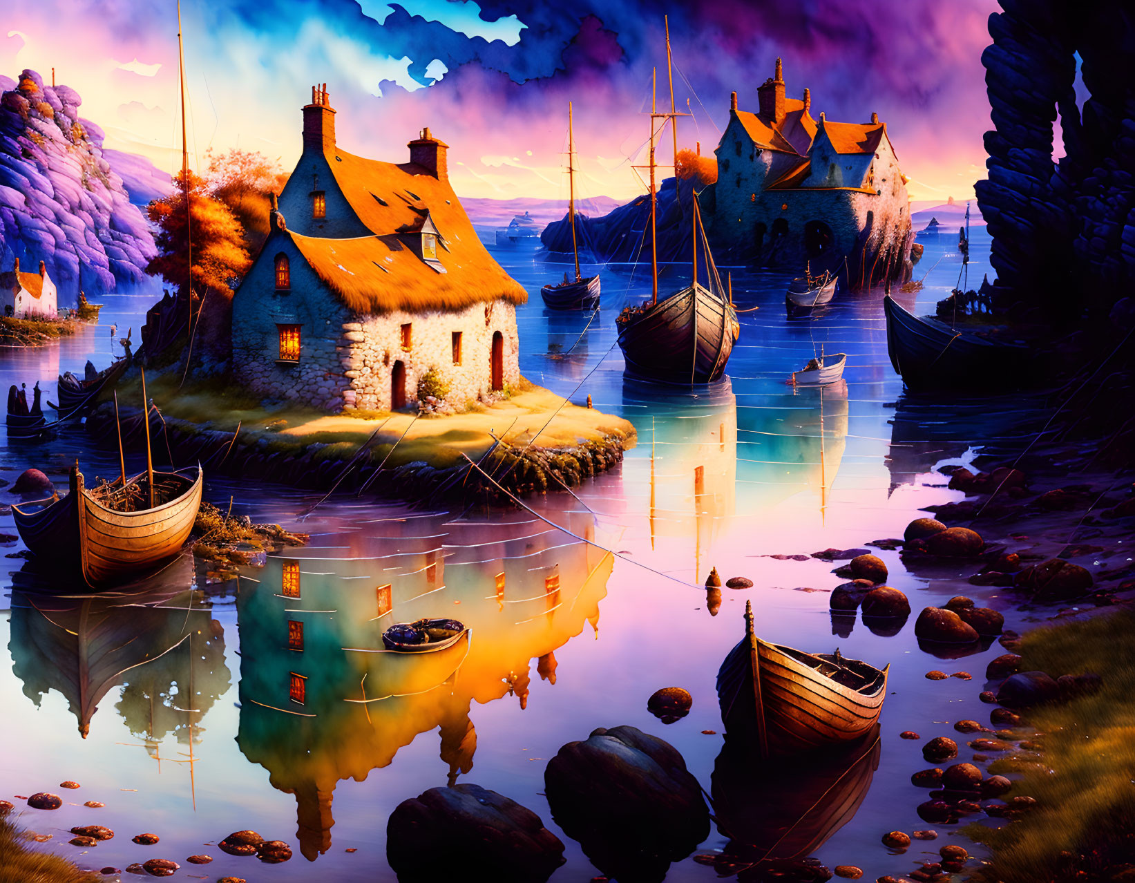 Vibrant fantasy landscape: sunset, thatched cottage, stone castle, calm waters, wooden boats