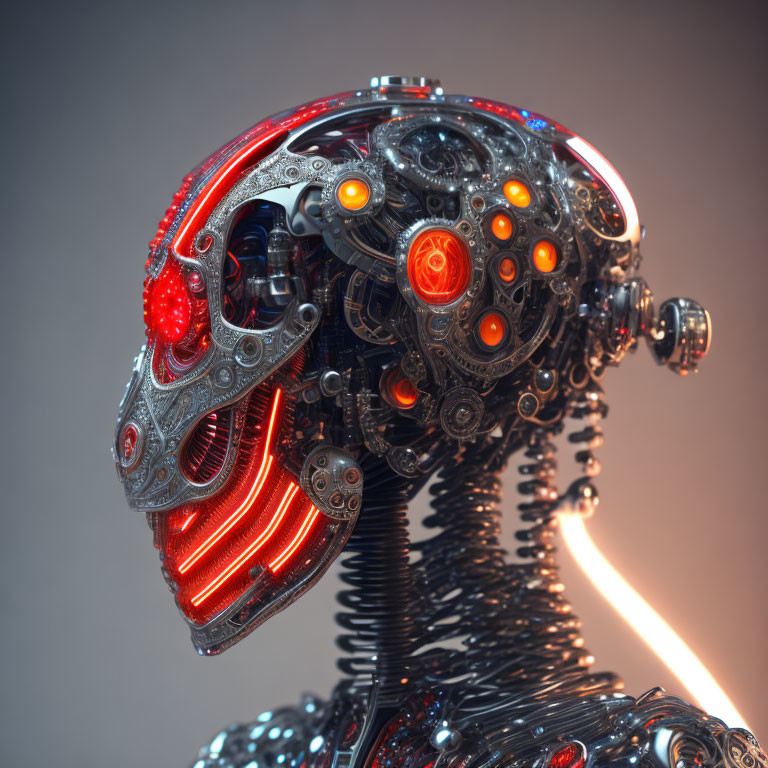 Detailed Robot Head with Glowing Red Lights and Metallic Structure