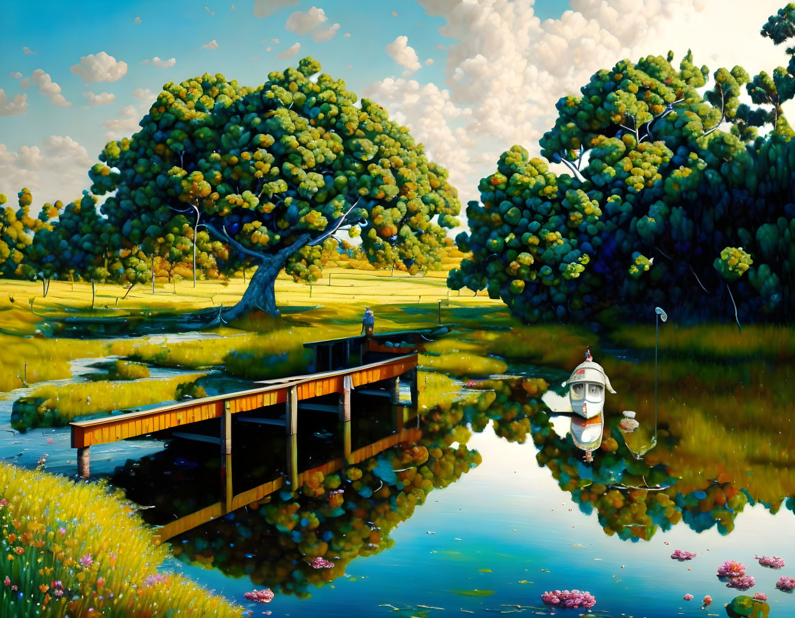 Tranquil landscape with vibrant trees, blue sky, lake, and fishing figure