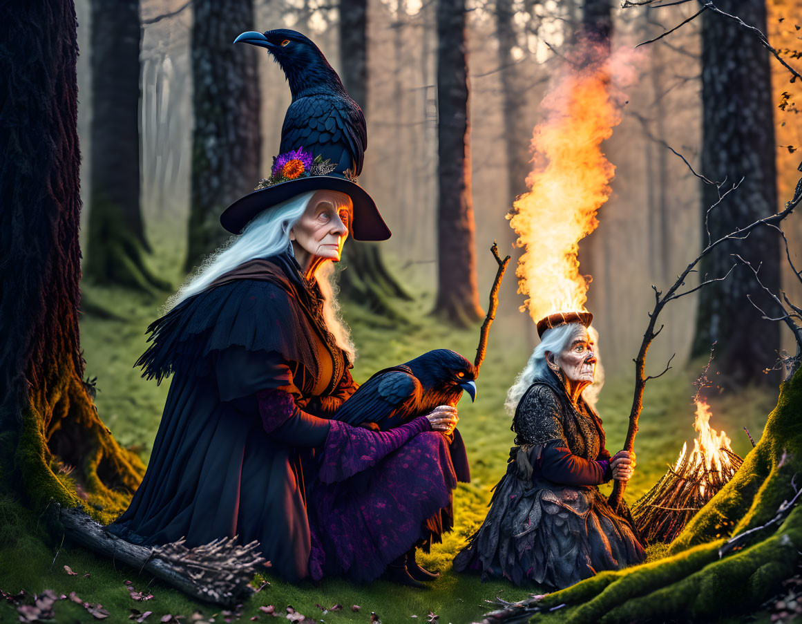 Two witches in a forest with a crow and flames from a staff; mystical scene.