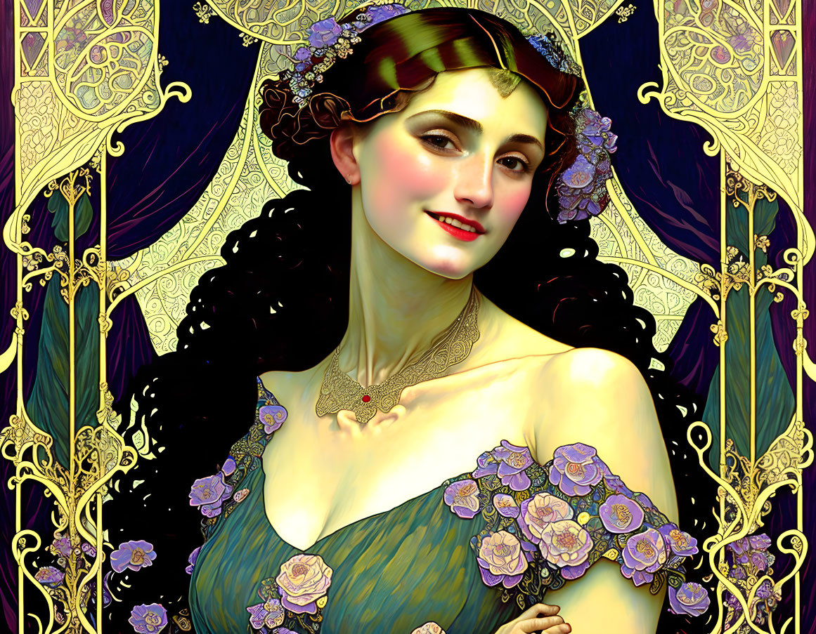 Art Nouveau style illustration of woman with dark hair in blue dress with purple flowers on golden background