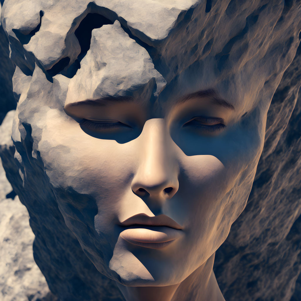 Stone-like texture reveals serene face with closed eyes