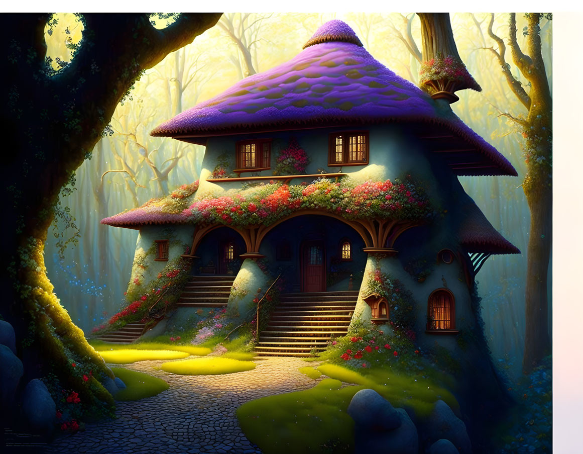 Whimsical mushroom-shaped house in enchanted forest landscape