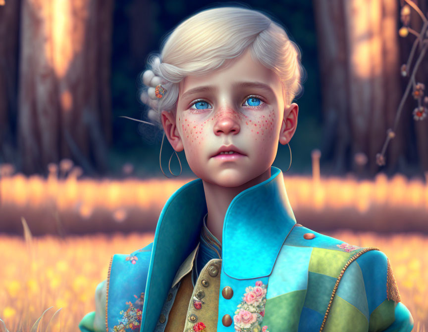 Child with Blue Eyes and Blonde Hair in Floral Jacket, Autumn Forest Background