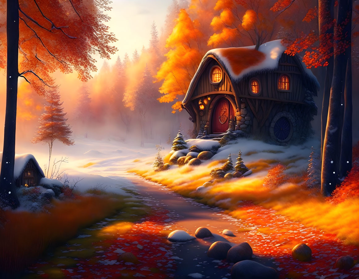 Snow-covered cottage nestled among autumn trees at sunset