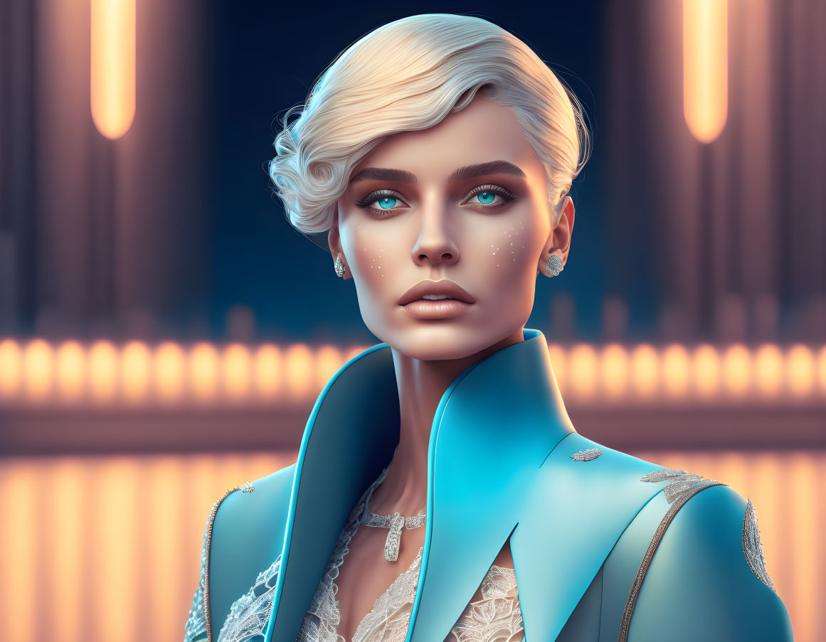 Digital Art: Woman with Platinum Blonde Hair and Blue Eyes in Futuristic Blue Jacket