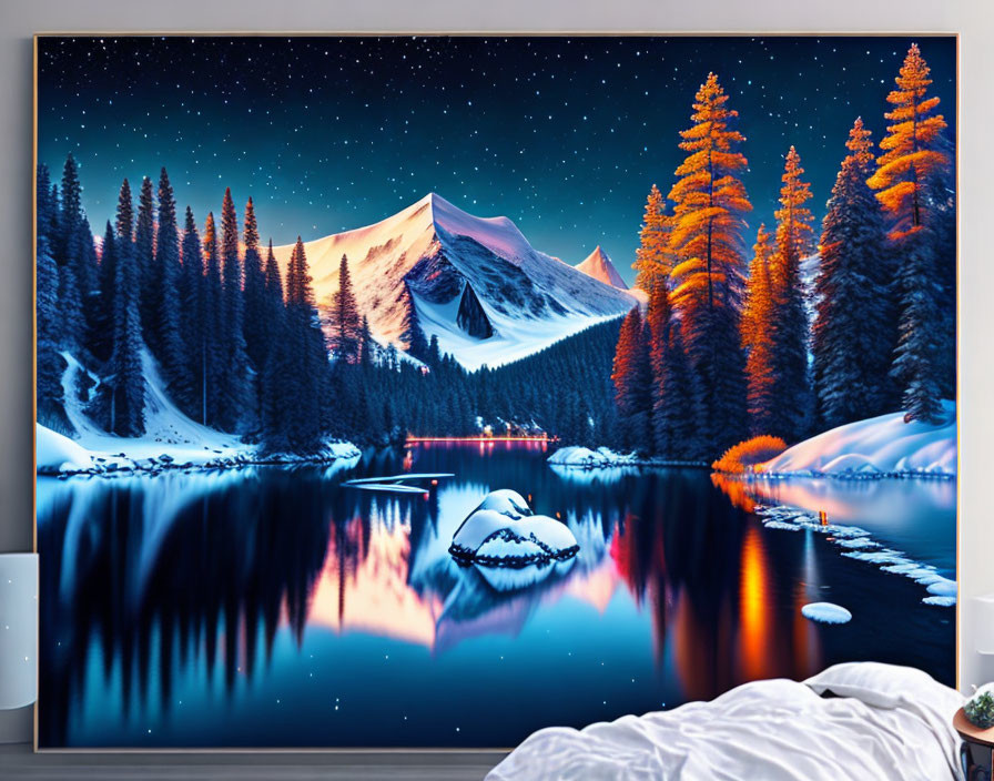 Snowy Mountains and Starry Night Wall Mural: Tranquil Winter Scene