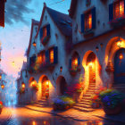 Charming village scene: cobblestone streets, glowing lanterns, flowers, white houses at twilight