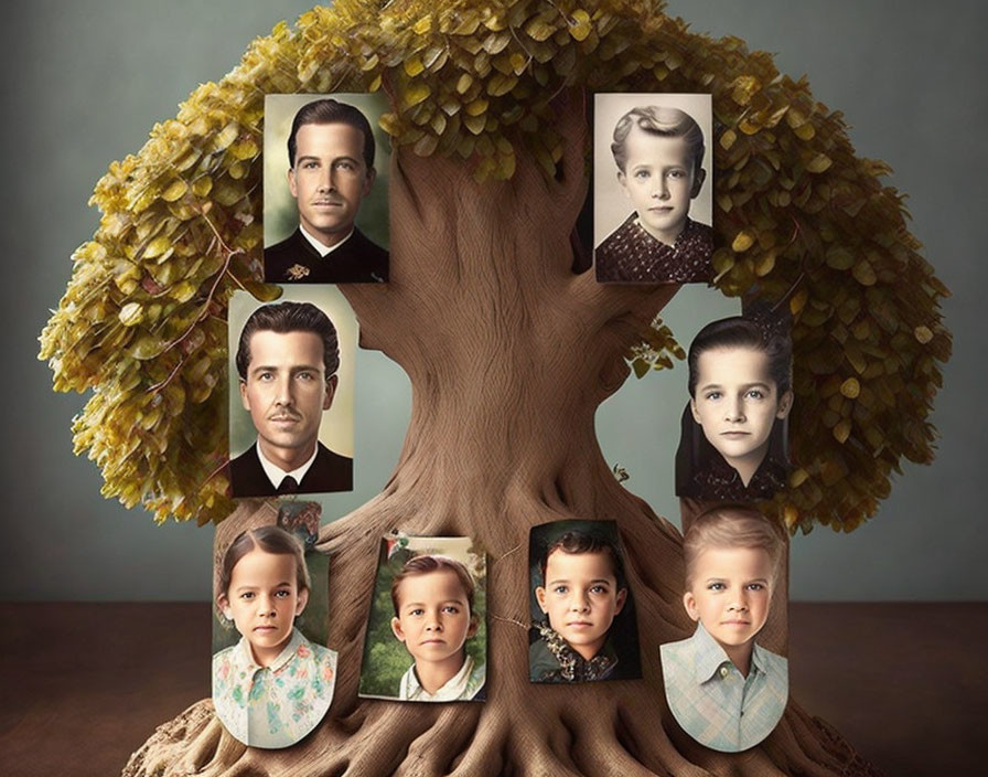 Family Tree Illustration with Framed Portraits on Tree Branches