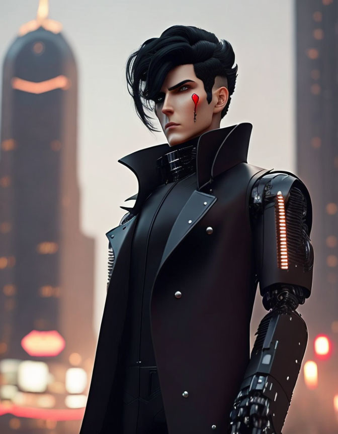 Digital portrait of person with dark hair and red teardrop, futuristic black armor, against cityscape