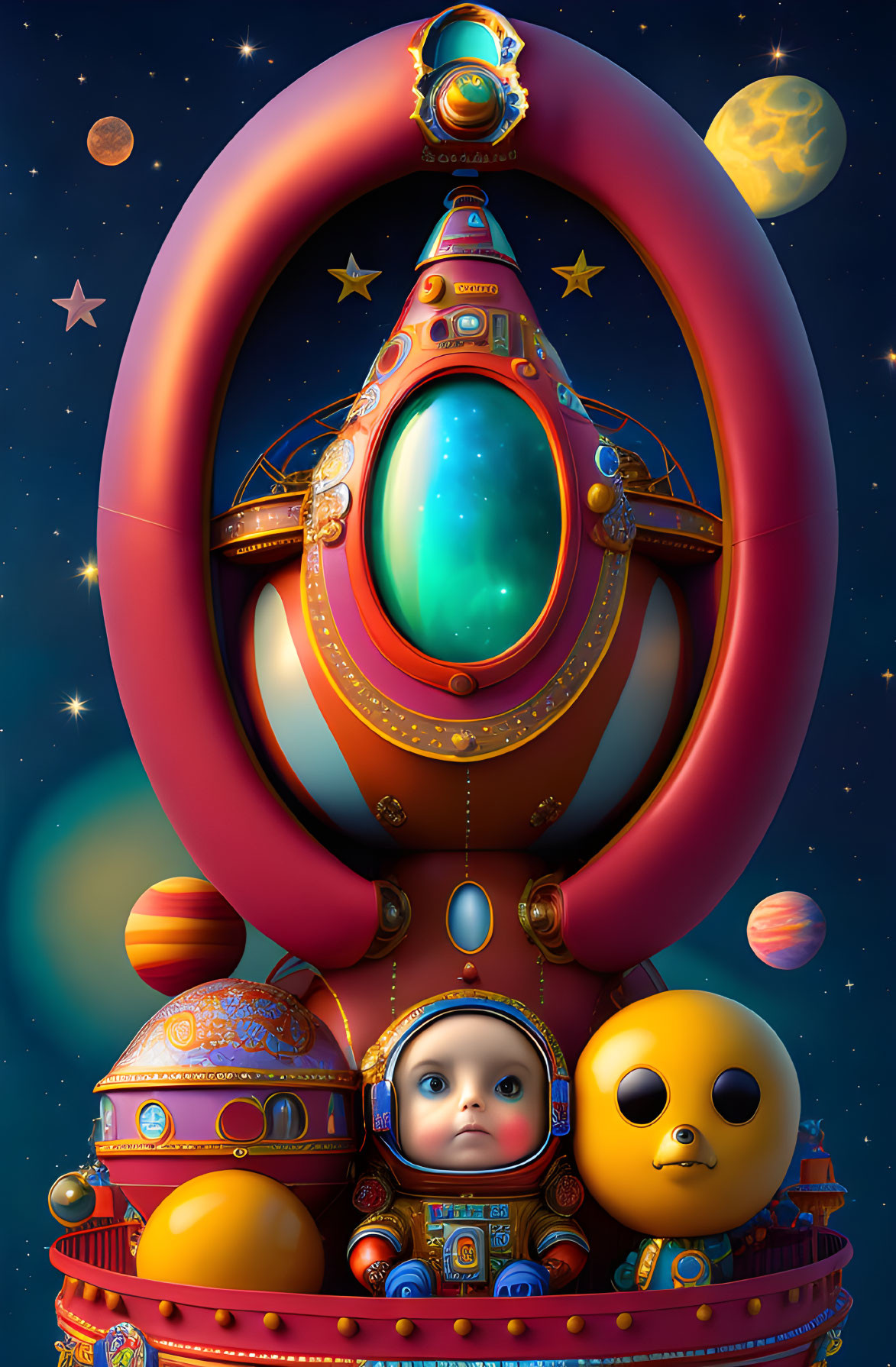 Colorful digital artwork of child in ornate spacesuit among celestial bodies