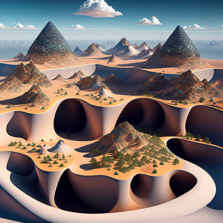 Cone-shaped mountains and looping river in surreal desert landscape