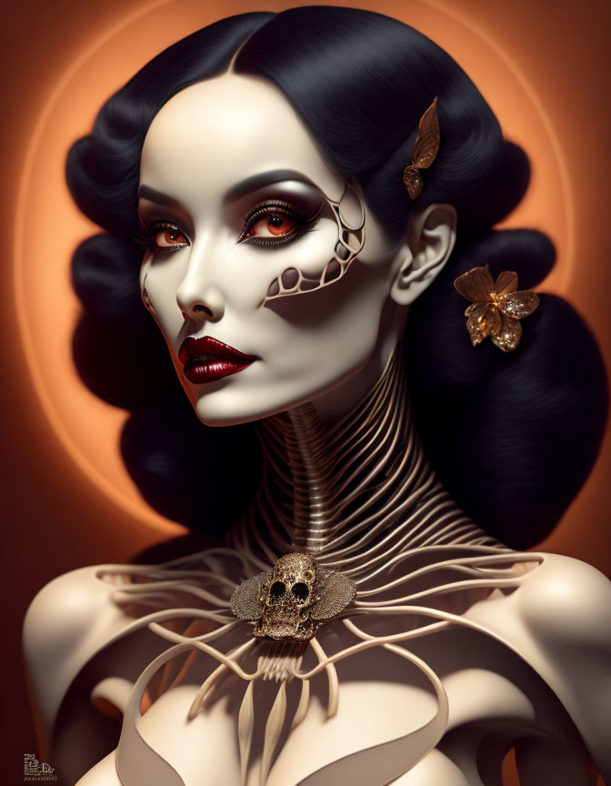 Digital Artwork: Woman with Gothic Makeup and Skeleton Theme