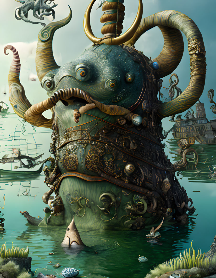 Majestic underwater creature with tusks, tentacles, and ornate armor among sea life and