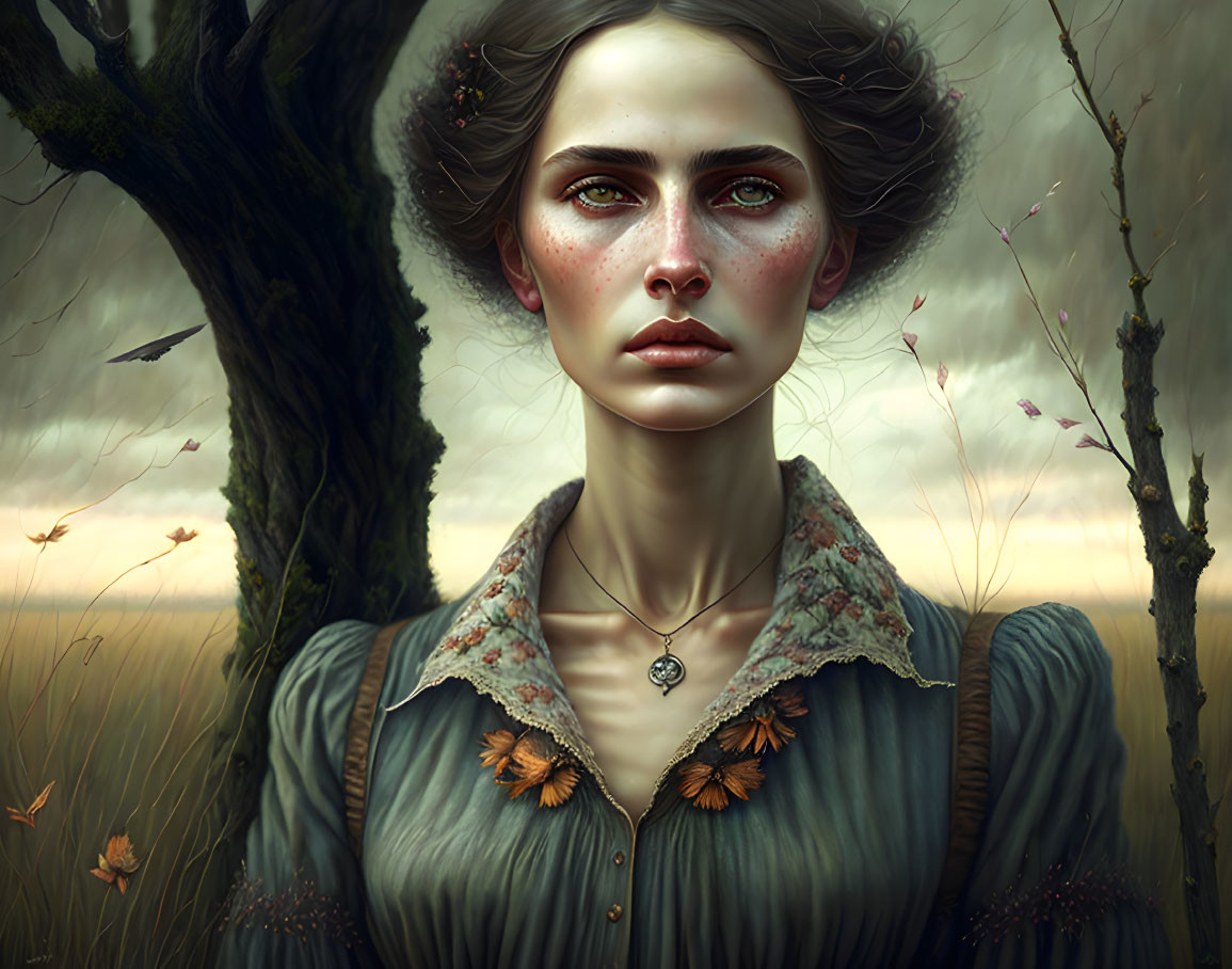 Digital Painting: Woman with Intense Gaze in Vintage Dress in Autumn Field