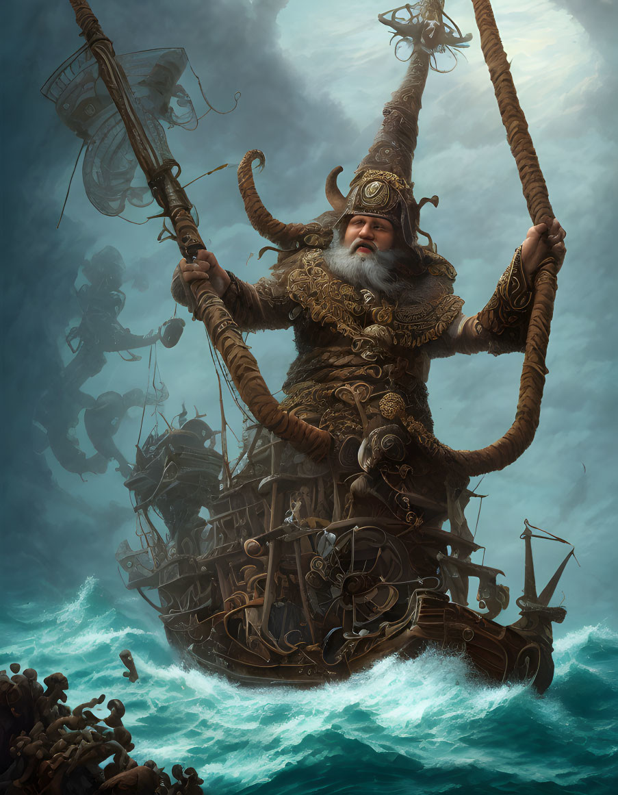 Bearded figure navigating ship through stormy seas with octopus and ruins.