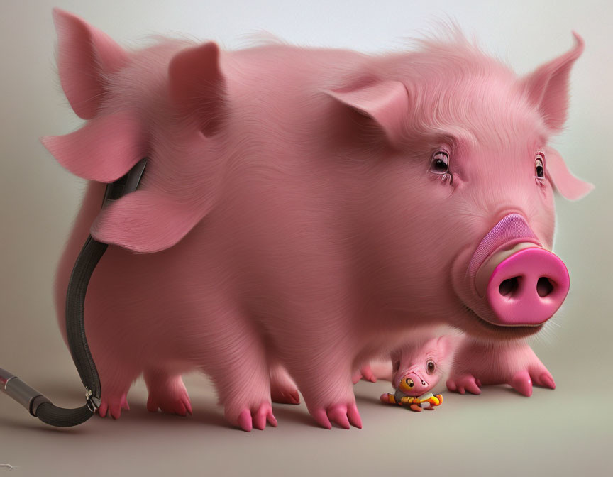 Whimsical digital artwork featuring a large pink pig and a piglet attached underneath