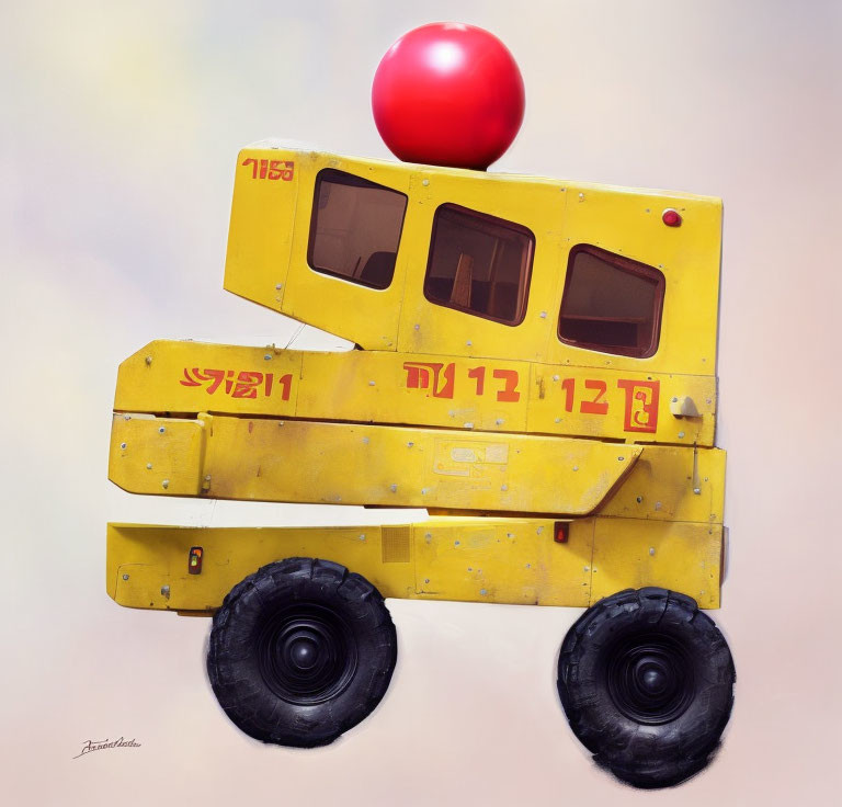 Yellow robotic vehicle with Hebrew letters and red sphere on top