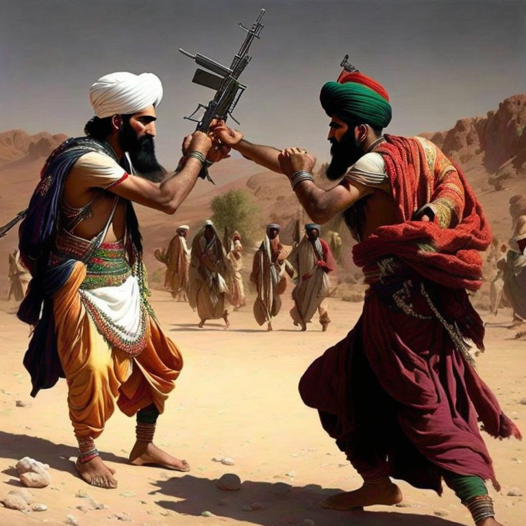 Men in traditional turbans arm-wrestle with rifle in desert scene.