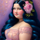 Portrait of woman with blue hair, headband, pink dress, necklace, and flower.