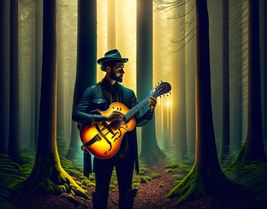 Person in hat plays guitar in mystical forest with sunlight filtering through trees